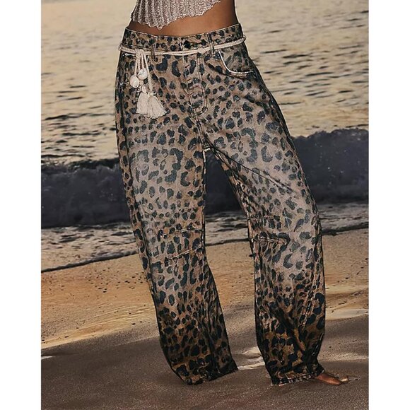 Leopard Print Wide Leg Denim Jeans for Women Casual Y2K Baggy Ankle Pants - Picture 2 of 6